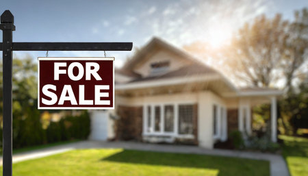 For Sale Real Estate Sign in Front of Beautiful New House. Horizontal Image Compositionの素材