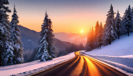 Beautiful winter landscape with a road in the Carpathian mountainsの素材