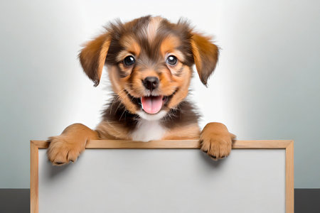Puppy with a blank board in front of a grey backgroundの素材