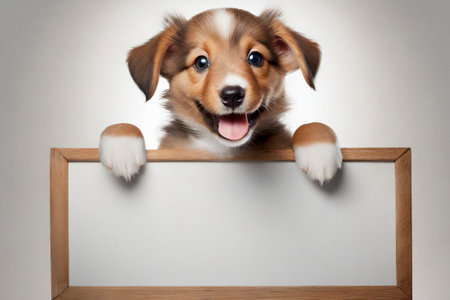 Cute Australian Shepherd puppy peeking out from behind a blank boardの素材