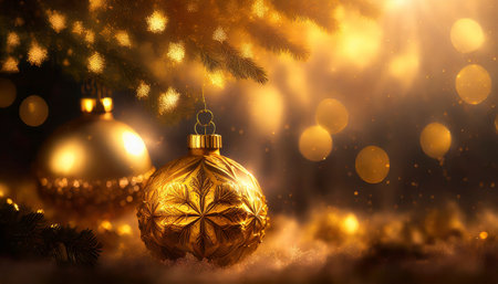 Christmas or New Year background with golden ornaments and bokeh lights.の素材