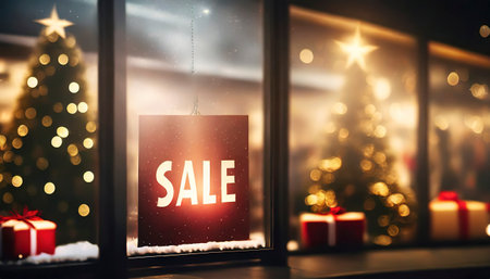 Sale sign on the window of a shop with Christmas tree in the backgroundの素材