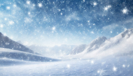 Snowy winter landscape with blue sky and snowflakes. Christmas background.の素材