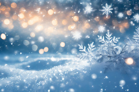 Christmas background with snowflakes and bokeh lights. Copy space.の素材