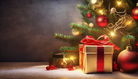 Christmas background with gift box and christmas tree. Copy space.の素材