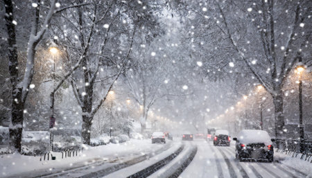 Traffic on a snowy road in the city during a snowfallの素材