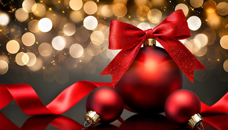Christmas card with red baubles and red ribbon on bokeh backgroundの素材