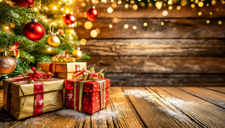 Christmas Decoration Over Wooden Background. Christmas Tree, Gifts, Bokeh.の素材