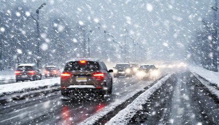 traffic on the road during a snowfall. heavy snowfallの素材