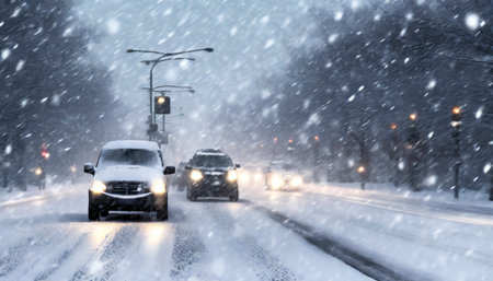 Heavy snowfall on the highway. Heavy snowfall in the city.の素材