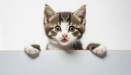 Cute little kitten peeking out from behind blank board on white backgroundの素材