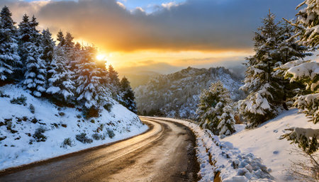 Beautiful winter landscape with snow covered road. Carpathian, Ukraine, Europe.の素材