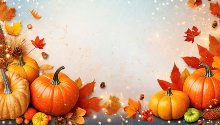 Autumn background with pumpkins and leaves. Top view with copy spaceの素材