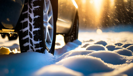 Car tires covered with snow on a sunny winter day. Close-up.の素材