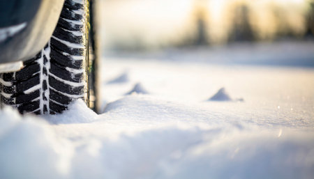 Car tire in the snow. Winter tires in the fresh snow.の素材