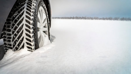 Car tire covered with snow on a frozen field. Winter tires.の素材