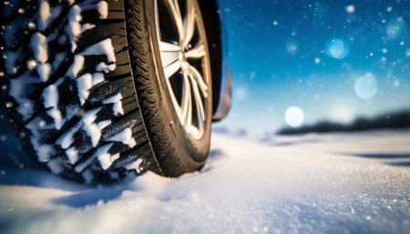 Winter tires covered with snow on a background of blue sky and sunの素材