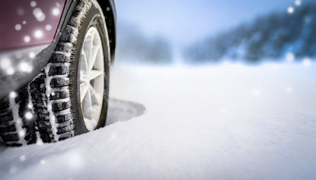 Close-up of a snow covered car on the road in winterの素材