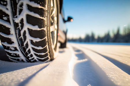 Car tires covered with snow in winter forest. Car tires covered with fresh snow.の素材