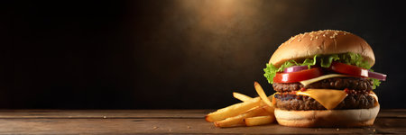 Hamburger with french fries on wooden table. Space for textの素材