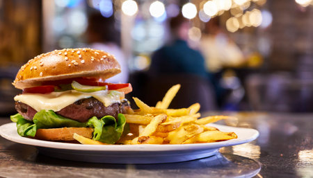 Cheese burger - American cheese burger with Golden French fries in a restaurantの素材