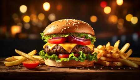 Hamburger with french fries on wooden table against blurred lights backgroundの素材