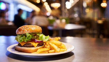 Cheese burger - American cheese burger with Golden French fries in a restaurantの素材