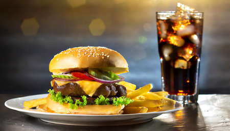 hamburger with french fries and cola on a dark backgroundの素材