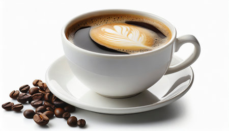 Cup of coffee with latte art and coffee beans on white backgroundの素材