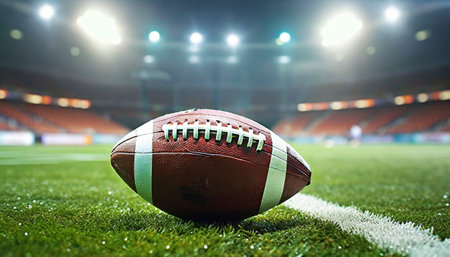 American football ball on the field with stadium lights in the background.の素材