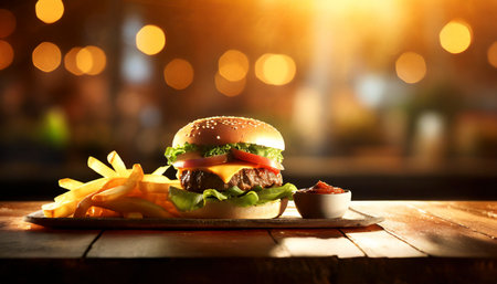 Cheese burger - American cheese burger with Golden French fries on wooden tableの素材