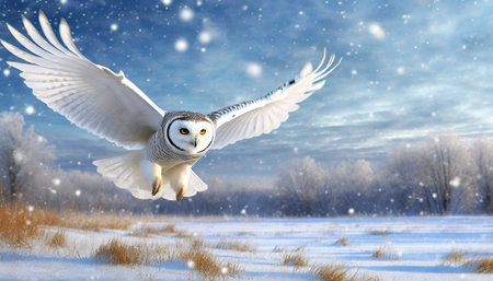Snowy owl flying in the winter forest, 3d illustration.の素材