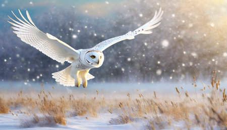Snowy owl flying in the winter forest with snowflakes.の素材