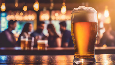 Glass of beer on bar counter in pub or pub with people in backgroundの素材