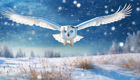 Snowy owl in the winter forest. 3D illustration. Christmas background.の素材