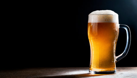glass of beer on a wooden table, black background, copy spaceの素材