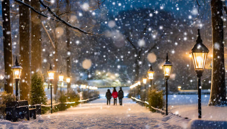 Snowfall in the city park at night. People walk on the street in winterの素材