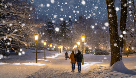 Couple walking in winter park at night under heavy snowfall.の素材