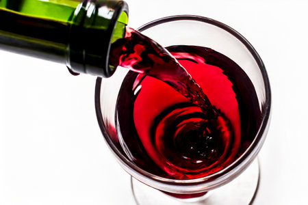 Pouring red wine from bottle into glass isolated on white background.の素材