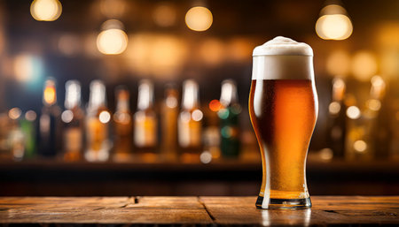Glass of beer on a wooden table against the background of the barの素材