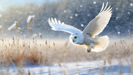 Snowy owl (Bubo scandiacus) in flightの素材