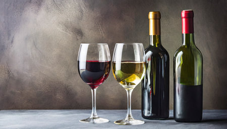 Wine bottles and glasses on a dark background. Copy space.の素材