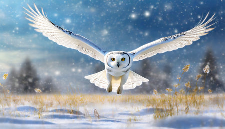 Snowy owl flying in the winter forest. 3D illustration.の素材