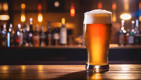 Glass of beer on a wooden table in a pub or restaurant.の素材