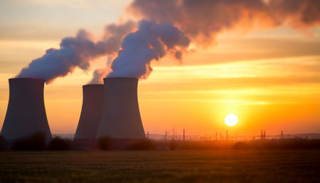 Nuclear power plant Temelin in Czech Republic at sunset, Czech Republicの素材