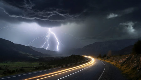 Lightning strikes the road in the mountains. 3D rendering.の素材