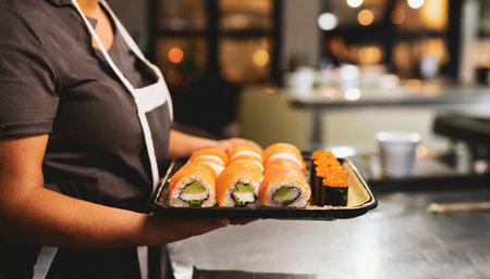 Close-up of female chef holding tray with sushi rolls at restaurantの素材
