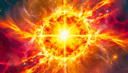 Fiery explosion in space. Abstract fire background. Fantasy fractal texture. Digital art. 3D rendering.の素材