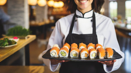 Smiling female chef holding sushi rolls in a restaurant. Focus on sushiの素材