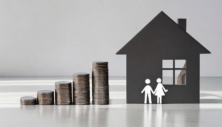 Mortgage concept by house from coins. 3d illustration.の素材